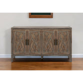 HomeRoots 60" Natural and Brown Distressed Carved Geometric Sideboard with Four Doors - 59.8' X '33.9' X '15.7
