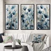 Designart "Blue Leaf Foliage And Flowers III" Floral Leaves Framed Wall Art Set Of 3 For Home Decor