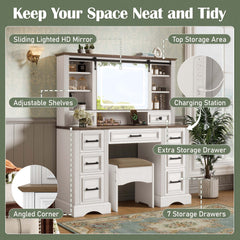 Large Makeup Vanity and Stool Set, Farmhouse Vanity Desk Dressing Table with Sliding Mirror & Charging Station