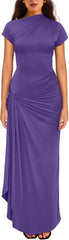 YMDUCH Women's Casual Short Sleeve Boat Neck Ruched High Split Bodycon Long Party Dress