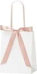 KLOVYRA Medium White Gift Bag with Pink Ribbon, 9×4×7 Inch Landscape Size — Wide White Kraft Paper Bag with Handles, Birthday, Party Favor Packaging, Reusable Eco Friendly Paper Tote (2 Pack)