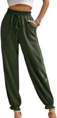Womens Casual Summer Light Weight Pants Trendy High Waisted Drawstring Comfortable Ladies Pants