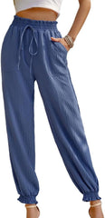 Womens Casual Summer Light Weight Pants Trendy High Waisted Drawstring Comfortable Ladies Pants