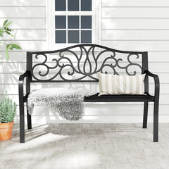 Gymax 2-person Metal Bench w/ Floral Pattern Slanted Backrest Slatted