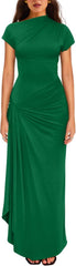 YMDUCH Women's Casual Short Sleeve Boat Neck Ruched High Split Bodycon Long Party Dress