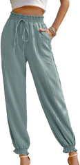 Womens Casual Summer Light Weight Pants Trendy High Waisted Drawstring Comfortable Ladies Pants