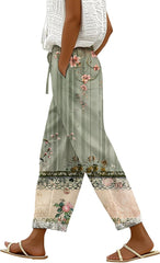 Womens Casual Linen Pants Elastic Waist Drawstring Trousers with Pockets Summer Beach Floral Pants