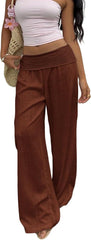 Womens Casual Pants Linen Elastic Waistband Low Waist Wide Leg Loose Summer Trousers with Pockets