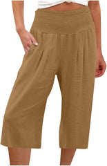 Cotton Cropped Pants for Women Casual Loose Fit Wide Leg Capri Plus Size Soft Elastic Waist Trousers with Pockets