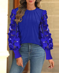 Womens Solid Round Neck Shirred Mesh Blouse Lantern Sleeve Sheer Top Casual Elegant Sweet Office Party Daily Wear