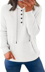 Women's Button Front Hoodie Long Sleeve Pullover with Drawstring and Kangaroo Pocket – Lightweight Casual Sweatshirt