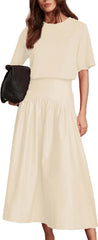 Bozanly Summer Two Piece Outfits Skirts Set for Women Crewneck Short Sleeve Tee and Midi Skirt Sets Dresses