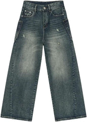 Men's American Style Denim Pants Worn-Out Big Pockets Droop Jeans Loose Straight Wide Leg Trousers