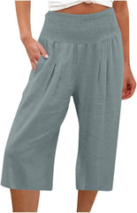 Cotton Cropped Pants for Women Casual Loose Fit Wide Leg Capri Plus Size Soft Elastic Waist Trousers with Pockets