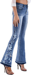 Lisskolo Bell Bottom Jeans for Women Flared Floral Embroidered Jean Wide Leg Denim Pants