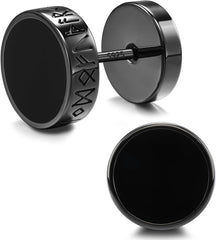 FEEL STYLE 925 Sterling Silver Viking Rune Stud Earrings for Men Women Natural Black Onyx Flat Back Stud Earrings Hypoallergenic