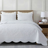 Wholinens Scalloped Edge Washed Microfiber Embroidered Damask Quilt Set 3 Pieces