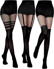 Jansun 3 Pairs Faux Thigh High Fishnet Stockings, Black Opaque Tights Women Fishnet Tights