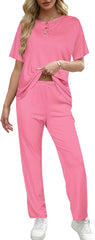 Ekouaer 2 Pack Womens Ribbed Knit Lounge Set Short Sleeve Loungewear Henly Neck Top and Pants Sleepwear Pajama with Pockets