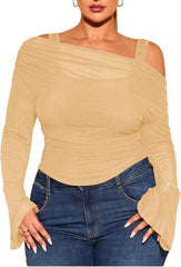 WDIRARA Women's Plus Size 2 in 1 Off Shoulder T Shirt Ruched Sheer Bell Long Sleeve Tee
