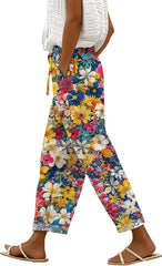 Womens Casual Linen Pants Elastic Waist Drawstring Trousers with Pockets Summer Beach Floral Pants