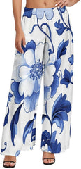 Floral Print Women's Wide Leg Pants Casual High Waist Stretchy Lounge Pants Summer Beach Trousers