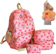 3PCS Set Cute Pink Bow Backpacks for School for Girls, Cute Preppy (Red)