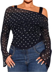 WDIRARA Women's Plus Size 2 in 1 Off Shoulder T Shirt Ruched Sheer Bell Long Sleeve Tee