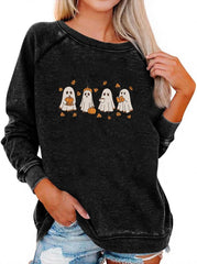 Halloween Sweatshirt Fall Oversized Long Sleeve Funny Halloween Sweater Ghost Crewneck Spooky Raglan Graphic Pullover Shirts