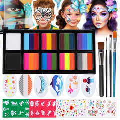 Janolia Face Painting Kit for Kids, Camo Face Paint Kit, Water Activated Face Paint, Rainbow Split Cake Face Body Paint, Ideal Facepaint Makeup Kit for Kids Party Cosplay Halloween Easter Carnival