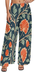 Floral Print Women's Wide Leg Pants Casual High Waist Stretchy Lounge Pants Summer Beach Trousers
