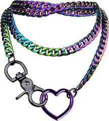 paloli Women's Slip Chain Rainbow Heart O-Ring Chunky Chain Necklace, Rays Cuban Long Layered Jewelry, Adjustable Lariat Y-Necklace Heart Loop Choker