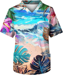 Printed Scrubs Top for Men Hawaiian Medical Uniform Shirts with 3 Pockets Stretch Scrubs