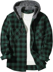 Flannel Hoodie Shirt for Men Casual Button Down Plaid Shirt Jacket Classic Drawstring Long Sleeve Shacket Coats