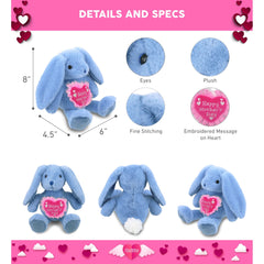 DolliBu Mother’s Day Super Soft Plush Baby Blue Rabbit With Pink Heart - 8 inches