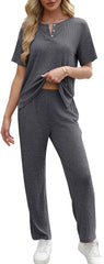 Ekouaer 2 Pack Womens Ribbed Knit Lounge Set Short Sleeve Loungewear Henly Neck Top and Pants Sleepwear Pajama with Pockets