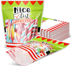 Teenyyou 50 Pcs Christmas Elf Cookie Gift Bags Red and White Stripe Candy Goodies Snack Stand up Pouch Treat Bags with Window for Packaging Xmas Party Favor Supplies, 8 x 6.5 x 2.5 Inch