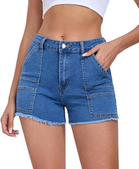 2025 Women's Stretchy Cargo Denim Shorts Mid Rise Jean Shorts Raw Hem Jorts with Pockets Short Jeans 3.5" Inseam