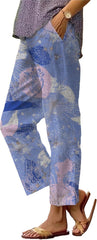 Women's Novelty Boho Flower Print Pants Straight Leg High Waist Elastic Drawstring Pants Summer Dressy Lounge Trousers