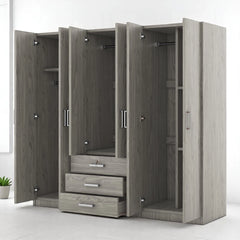 Modern 6-Door Wooden Wardrobe Armoire with Shelves, Drawers, and Locking Storage for Bedroom Use
