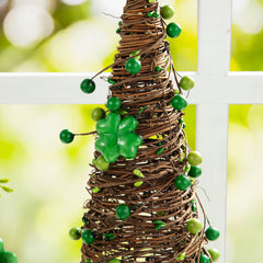 Glitzhome 16"H Set of 2 St. Patrick's Rattan Shamrock and Berries Table Tree