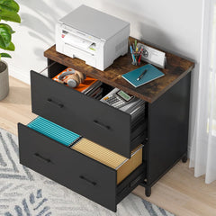 2-Drawer Lateral File Cabinet, Rustic Wood Filing Cabinet, Brown & Black