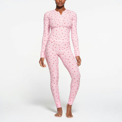 SOFT LOUNGE LONG SLEEVE HENLEY | CHERRY BLOSSOM PRINT