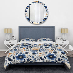 Designart "Nordic Blue Bloom Scandinavian Floral I" White Cottage Bedding Cover Set With 2 Shams