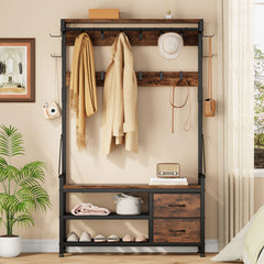 6-in-1 39.4"Hall Tree with Bench Entryway Shoe Rack w/24 Hooks & 2 Drawers