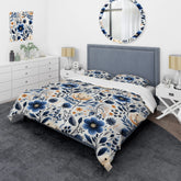 Designart "Nordic Blue Bloom Scandinavian Floral I" White Cottage Bedding Cover Set With 2 Shams