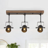 Industrial 3-Light Black Ceiling Track Light - Brown Wood + Black Metal