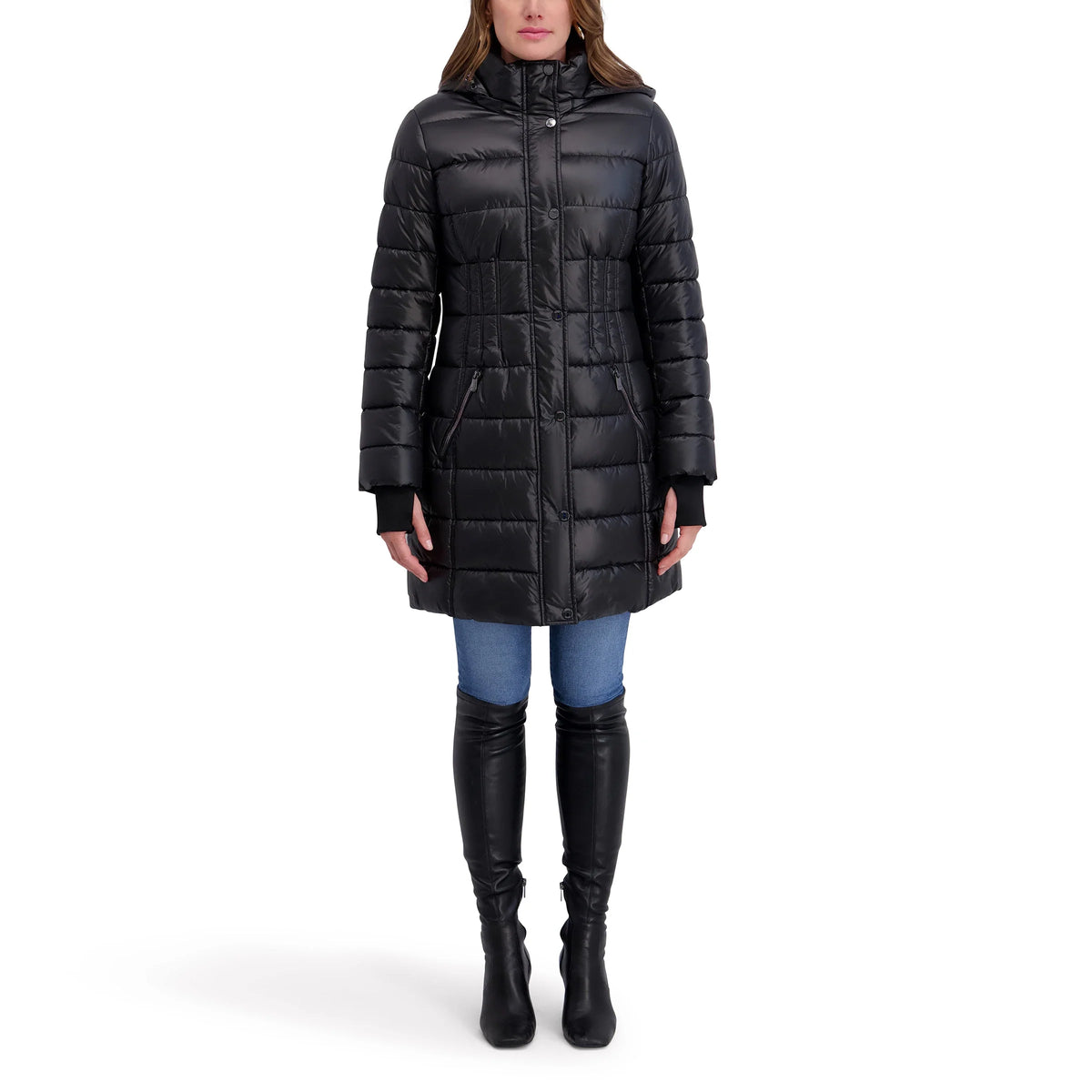 Kensie Quilted Hooded Mid-Length Puffer Jacket