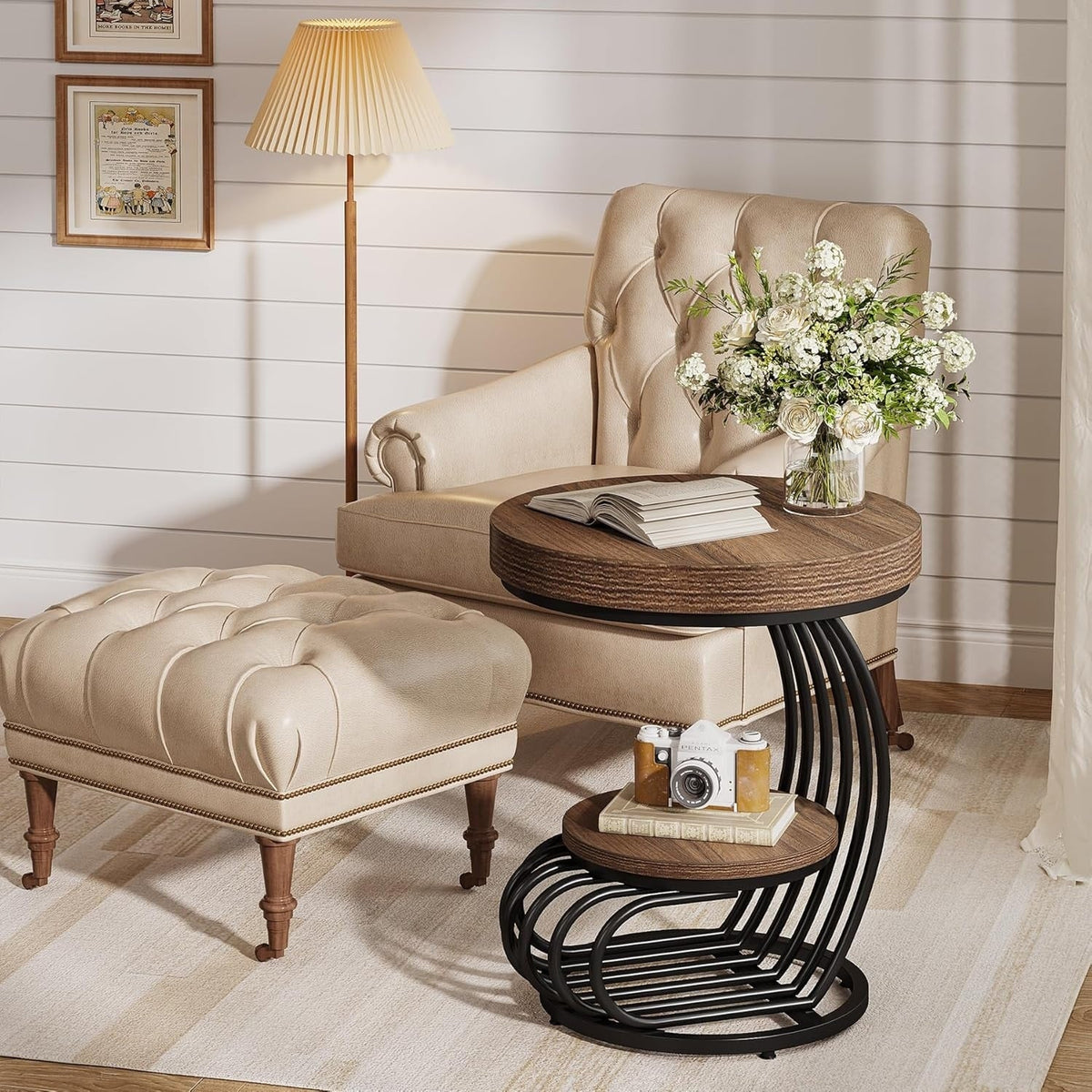 2 Tiers Round End Table with Shelf Storage, Arc-Shaped Side Sofa Table