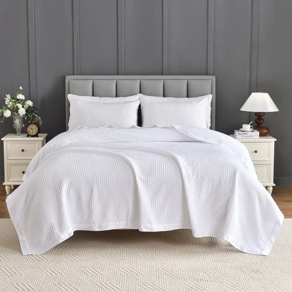 100% Cotton Waffle Weave Lightweight Bed Blanket, Cotton Sateen Bordered
